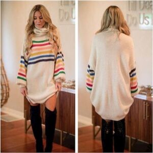 Magnolia Cozy Rainbow Stripe balloon long sleeve Turtleneck Sweater Tunic Dress